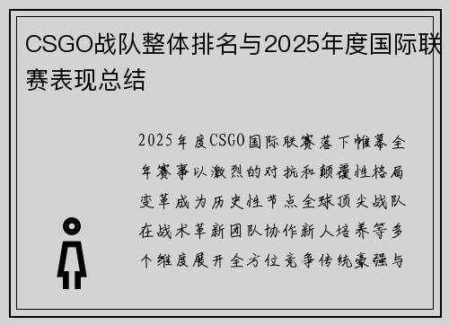 CSGO战队整体排名与2025年度国际联赛表现总结